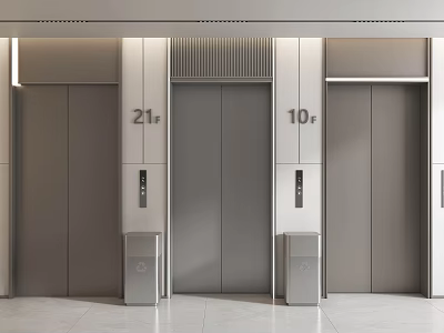 Modern Elevator Lobby With Metallic Doors Floor Numbers 21F 10F And Trash Bins 3d model
