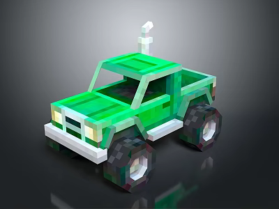 Pixel Art Style Green Off Road Truck With Large Tires And White Roof Antenna 3d model