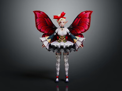 Game Movie Character With Red Butterfly Wings Red Bow White Black Outfit Diamond Patterned Stockings 3d model