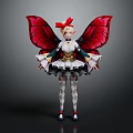 Game Movie Character With Red Butterfly Wings Red Bow White Black Outfit Diamond Patterned Stockings