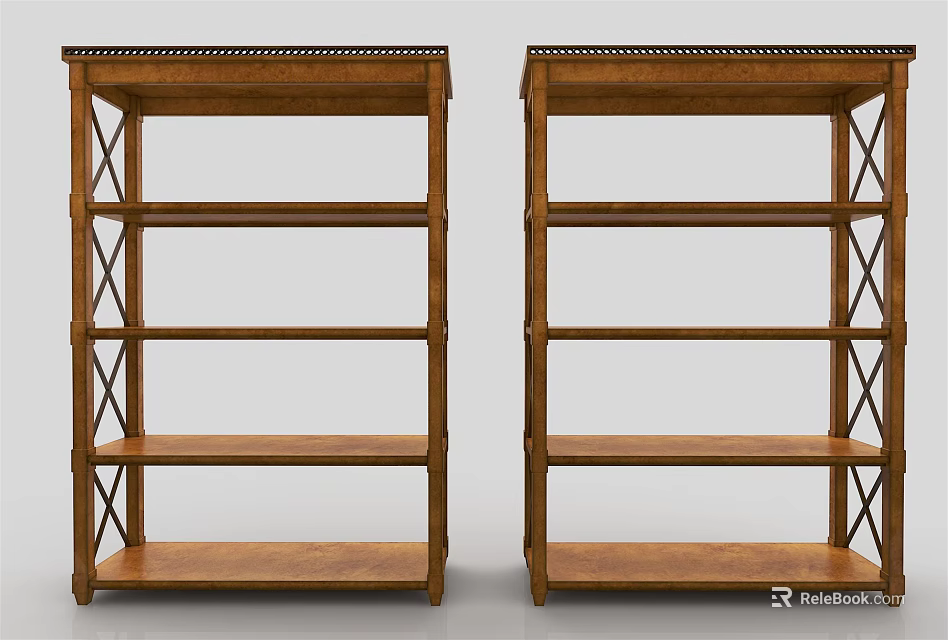 Pair of Traditional Wooden Bookcases With X Shaped Details And Multiple Shelves 3d model 