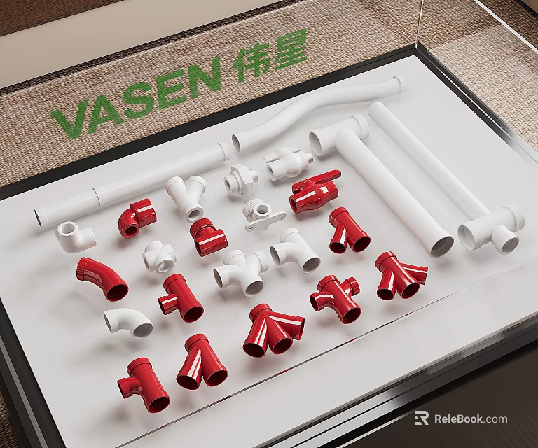 VASEN White And Red Pipe Fittings Including Elbows Tees And Connectors 3d model 