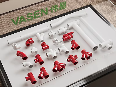 VASEN White And Red Pipe Fittings Including Elbows Tees And Connectors 3d model