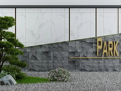 Modern Feature Wall Design with Marble Panels Stone Texture PARK Signage Greenery and Gravel Ground 3d model