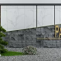Modern Feature Wall Design with Marble Panels Stone Texture PARK Signage Greenery and Gravel Ground