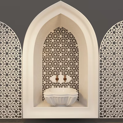 Ornate Arabic Style Washbasin Featuring White Basin and Carved Geometric Arched Patterns 3d model