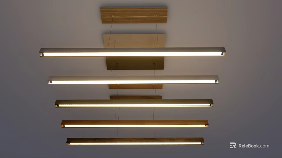 Modern Long Pendant Lights with Wooden and Metal Frames Hanging from Ceiling 3d model 