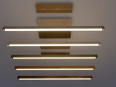 Modern Long Pendant Lights with Wooden and Metal Frames Hanging from Ceiling 3d model