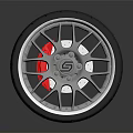 Car Tire With Silver Alloy Wheel Red Brake Calipers And Reflection On Dark Surface