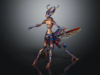 Fantasy Insectoid Character Creature With Vibrant Exoskeleton Multiple Limbs And Metallic Wings 3d model