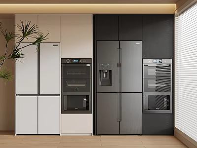 Modern Kitchen Refrigerator Cabinet With White And Dark Cabinets Built In Oven And Microwave 3d model