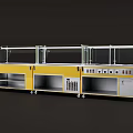 Commercial Kitchen Equipment With Yellow Cabinets Glass Display Shelves And Stainless Steel Worktables