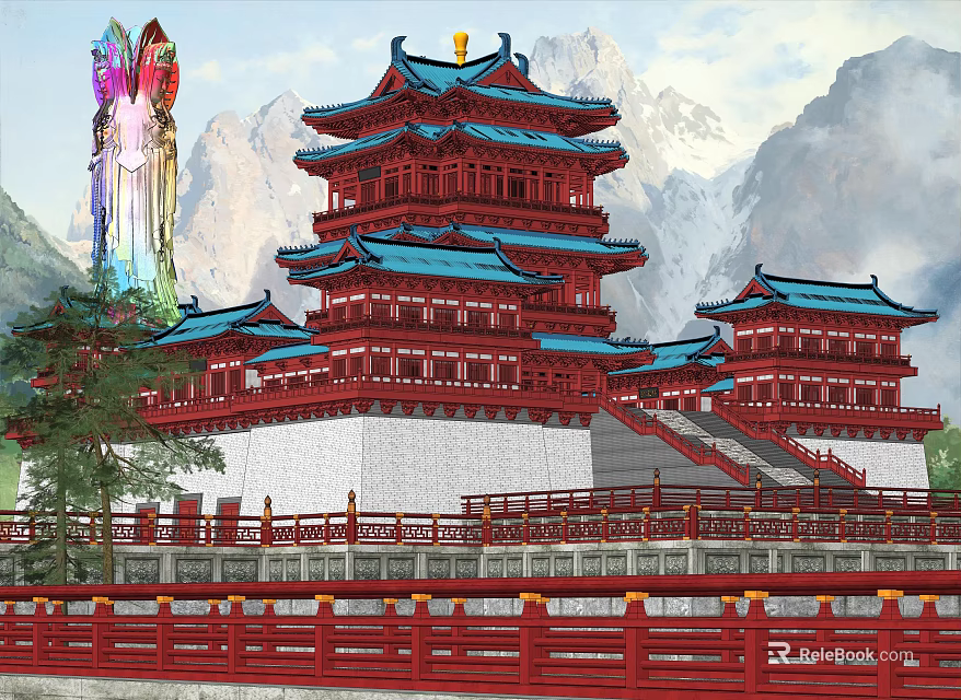 Ancient Chinese Architecture Multi Story Red Tower With Blue Roofs Set Against Mountain Landscape 3d model 