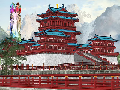 Ancient Chinese Architecture Multi Story Red Tower With Blue Roofs Set Against Mountain Landscape 3d model