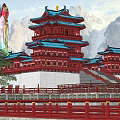 Ancient Chinese Architecture Multi Story Red Tower With Blue Roofs Set Against Mountain Landscape