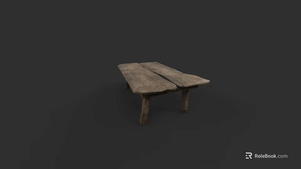 Old Wooden Table With Two Planks Tabletop And Four Legs On Dark Background 3d model 