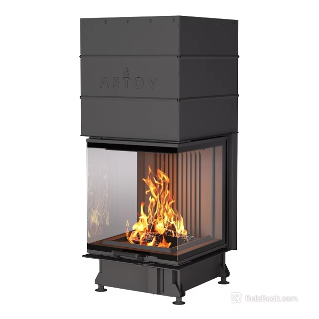Modern Black Fireplace Design With Glass Panel And Burning Wood Flames 3d model 
