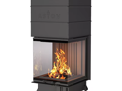 Modern Black Fireplace Design With Glass Panel And Burning Wood Flames 3d model