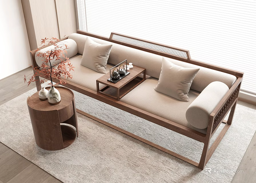 Modern Wooden Coffee Table in Living Room with Beige Sofa Vase and Round Side Table 3d model 