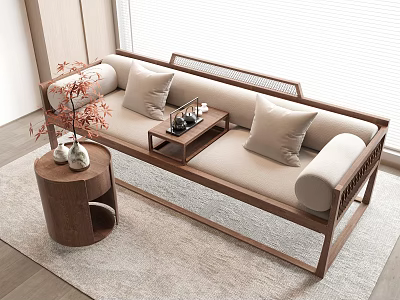 Modern Wooden Coffee Table in Living Room with Beige Sofa Vase and Round Side Table 3d model
