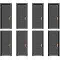 Modern Black Swing Doors With Various Panel Designs And Gold Handles 3d model
