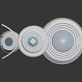 Cartoon Scenery Featuring Three Round Buildings With Blue Grid And White Structure Design