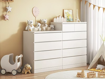 White Chest of Drawers in Kids Room with Teddy Bears Rocking Horse Wooden Blocks Yellow Wall 3d model