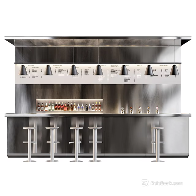 Modern Stainless Steel Bar Interior With Conical Pendant Lights Bottles And Bar Stools 3d model 