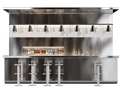 Modern Stainless Steel Bar Interior With Conical Pendant Lights Bottles And Bar Stools 3d model