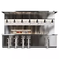 Modern Stainless Steel Bar Interior With Conical Pendant Lights Bottles And Bar Stools