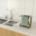Kitchen Sink With Wall Mounted Metal Racks For Towels And Toiletries On White Tiles