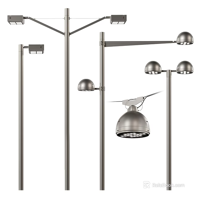 Modern Stainless Steel Outdoor Lights with Lamp Posts and Multiple Light Heads 3d model 