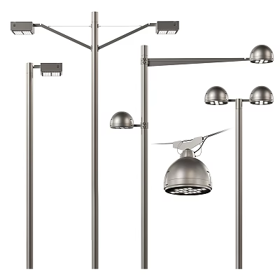 Modern Stainless Steel Outdoor Lights with Lamp Posts and Multiple Light Heads 3d model