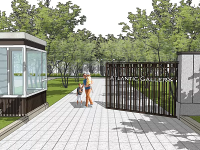 Atlantic Gallery Entrance Gate With Security Booth And Adults With Children On Stone Pathway 3d model