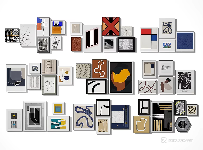 Diverse Decorative Wall Art With Various Shapes Colorful Frames Abstract Patterns And Minimalist Lines 3d model 