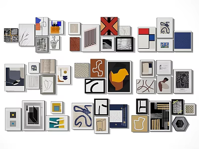 Diverse Decorative Wall Art With Various Shapes Colorful Frames Abstract Patterns And Minimalist Lines 3d model