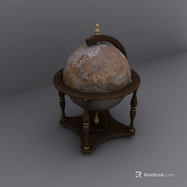 Vintage Globe With Wooden Stand And Metal Accents On Antique Surface 3d model 
