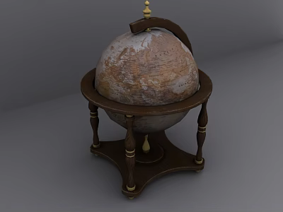 Vintage Globe With Wooden Stand And Metal Accents On Antique Surface 3d model