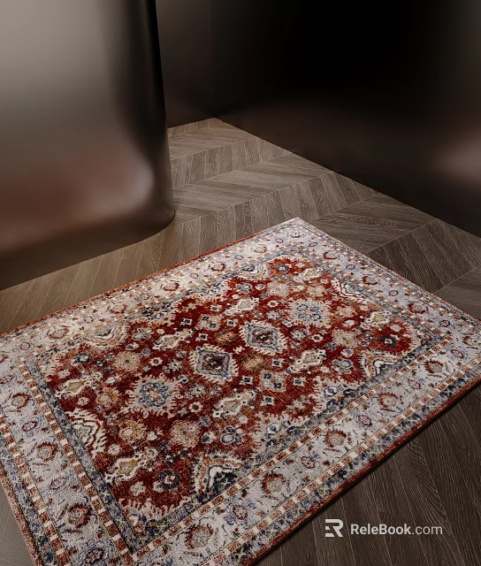 Vintage Square Rug With Intricate Pattern And Red Beige Blue Tones On Herringbone Wooden Floor 3d model 