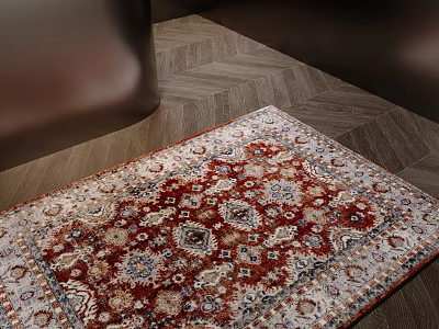 Vintage Square Rug With Intricate Pattern And Red Beige Blue Tones On Herringbone Wooden Floor 3d model