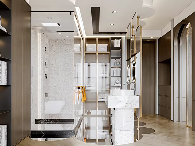 Modern Bathroom Interior With Marble Countertop Shower Area And Storage Cabinets 3d model