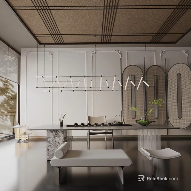 Modern Dining Table Set With Marble Top And Geometric Pendant Lights In Minimalist Interior 3d model 