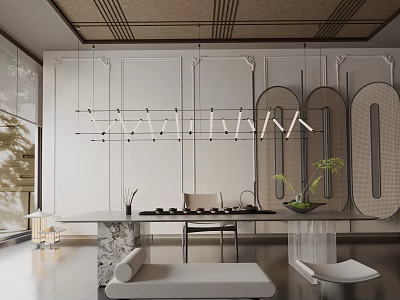 Modern Dining Table Set With Marble Top And Geometric Pendant Lights In Minimalist Interior 3d model