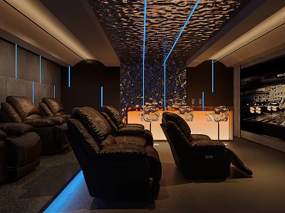 Luxury Home Theater Interior With Black Leather Recliners Blue Lighting Bar And Large Screen 3d model