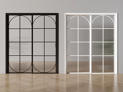 Two Tone Black White Sliding Doors with Arched Grid Glass Panels in Minimalist Interior 3d model