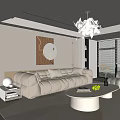 Modern Living Room Interior With Beige Sofa Round Coffee Table Chandelier And Decorative Painting