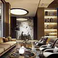 Modern KTV Lobby Interior With Circular Ceiling Lights Large Screen TV Reception Desk And Staircase