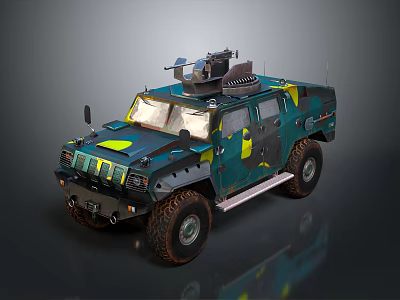 Military Tank With Camouflage Paint Top Machine Gun And Large Off Road Tires 3d model