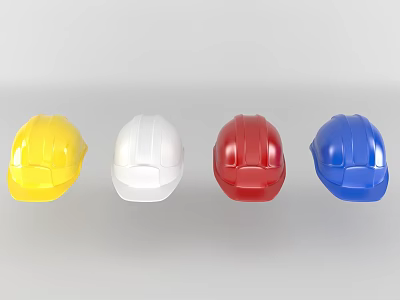 Yellow White Red Blue Safety Hats Neatly Arranged On Gray Background 3d model