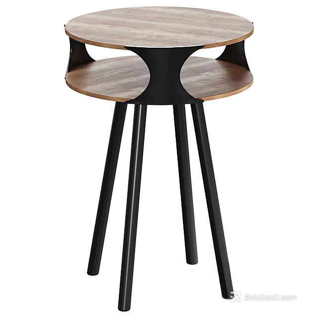 Modern Wooden Bedside Table With Double Round Tiers And Black Metal Legs 3d model 
